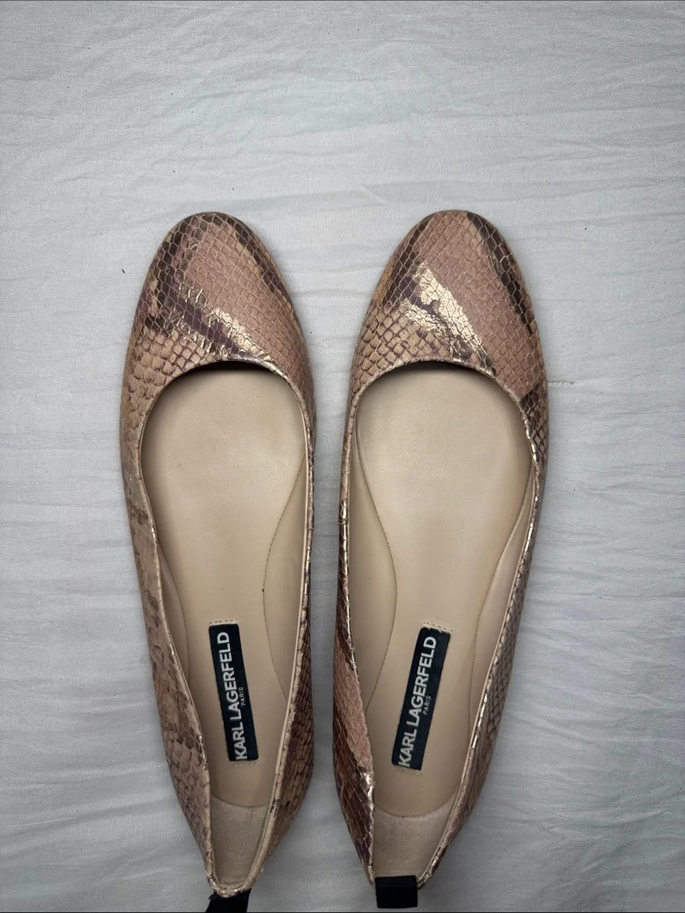 Karl Lagerfeld Rose Gold Snake-Print Flats women’s size 8